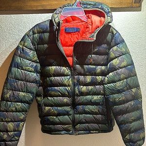 Authentic Ralph Lauren camouflage jacket with orange interior lining. Size M.